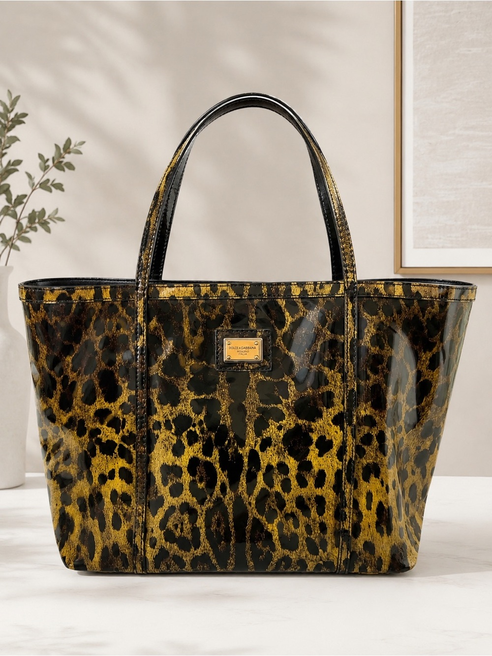 Dolce & Gabbana Leopard-Print Patent Tote in Black and Gold